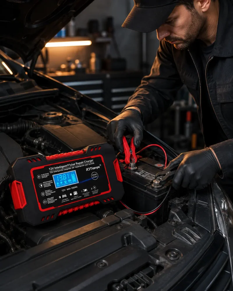 Cargador Inteligente de Baterías5 Cargador RJTianye conectado a la batería de un automóvil en el motor