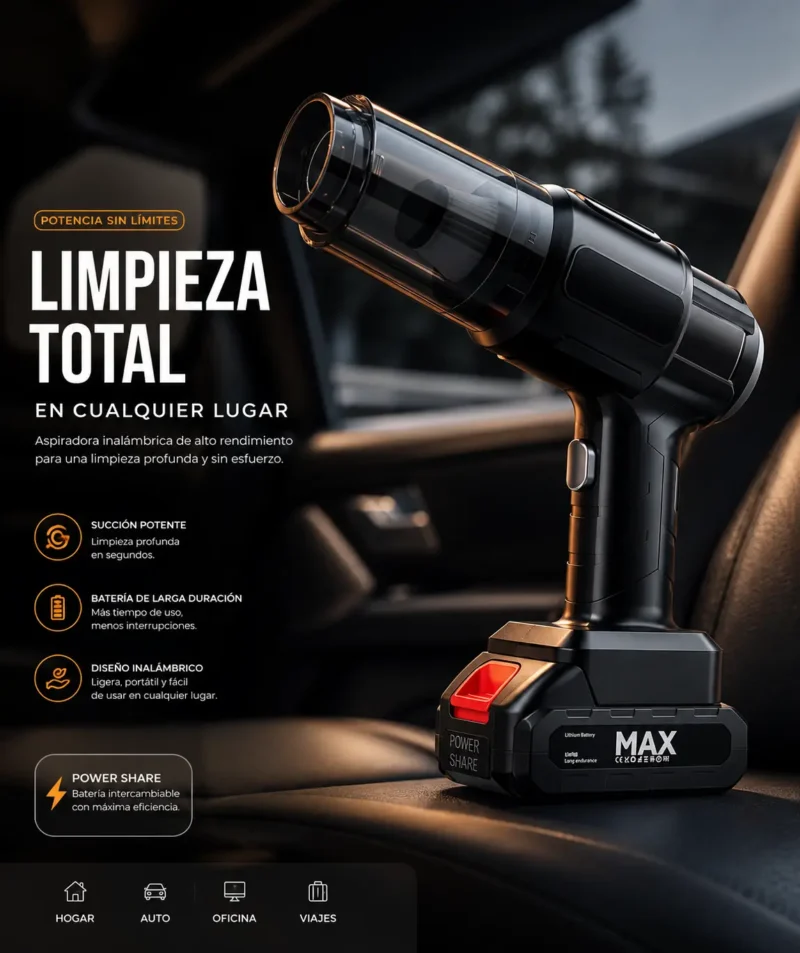 Aspiradora Portátil Inalámbrica Premium con Accesorios Multifunción