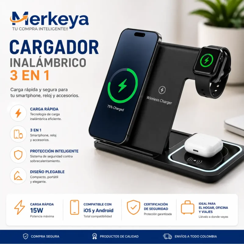 Cargador inalambrico 3 en 1 Cargador inalámbrico 3 en 1 plegable negro para celular smartwatch y audífonos