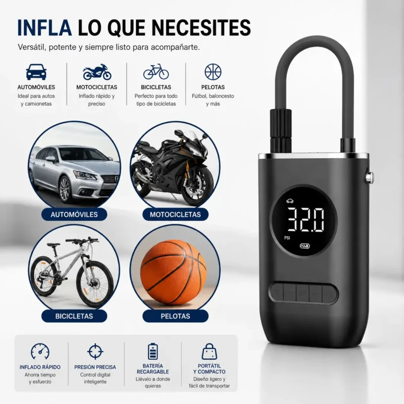 Inflador portatil con adaptadores para balones y neumaticos