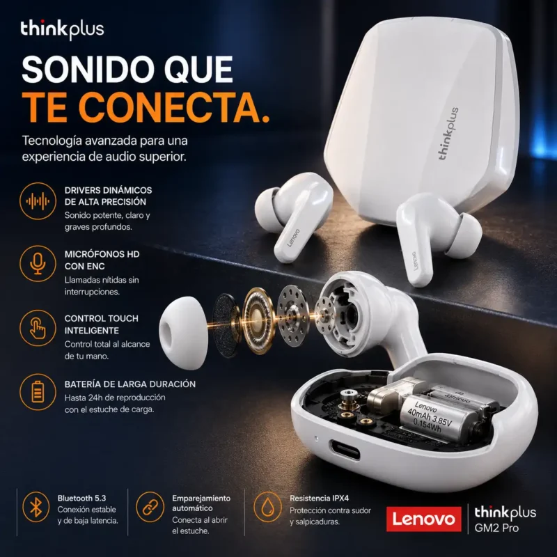 Lenovo ThinkPlus GM2 Pro (11) Auriculares inalámbricos Lenovo ThinkPlus GM2 Pro con estuche de carga.