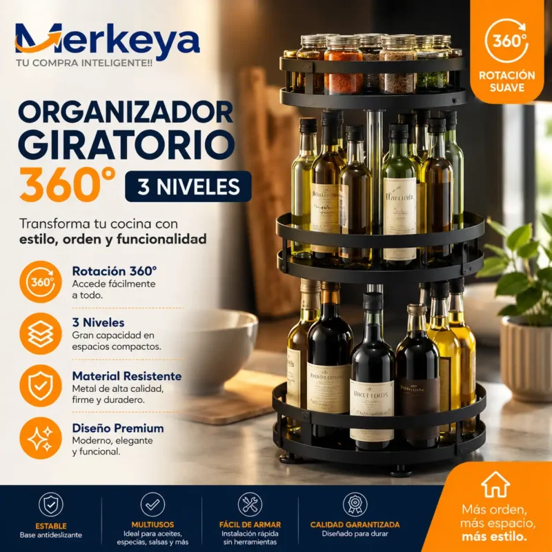 Organizador giratorio 360 (1) Organizador giratorio 360 de 3 niveles metálico negro para especias, frascos y botellas de cocina