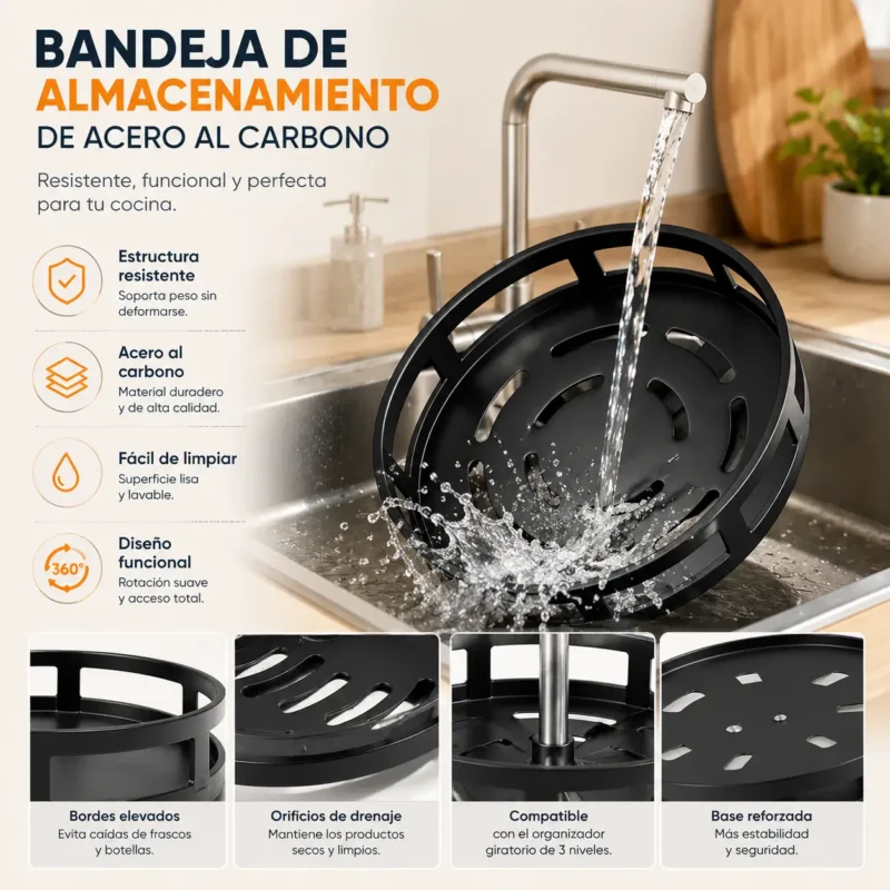 Organizador giratorio 360 (7) Organizador de almacenamiento vertical para cocina color negro