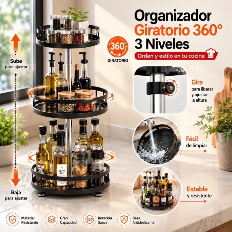 Organizador giratorio 360 Bandeja giratoria de 3 niveles con bordes elevados para frascos
