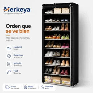 Mueble zapatero Merkeya de 9 niveles en color negro con capacidad para 30 pares de zapatos, organizador de calzado de tela resistente y fácil de armar.